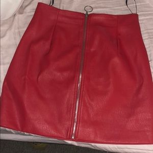 RED LEATHER MINI SKIRT W/ SILVER ZIPPER DOWN FRONT